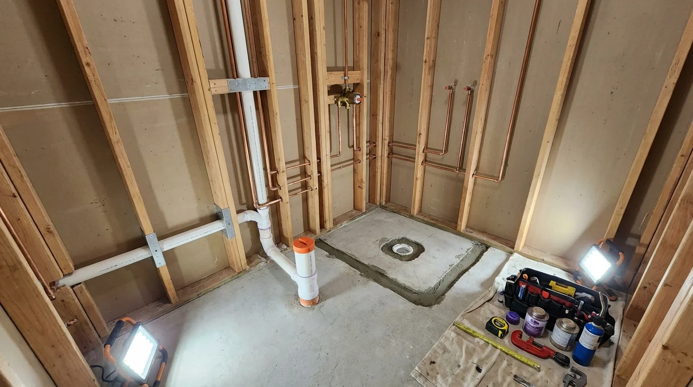 Bathroom rough-in plumbing during remodel by Johns Plumbing LLC in Dixmont