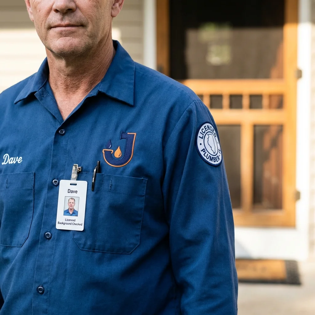 Licensed plumber showing ID badge in Dixmont, ME