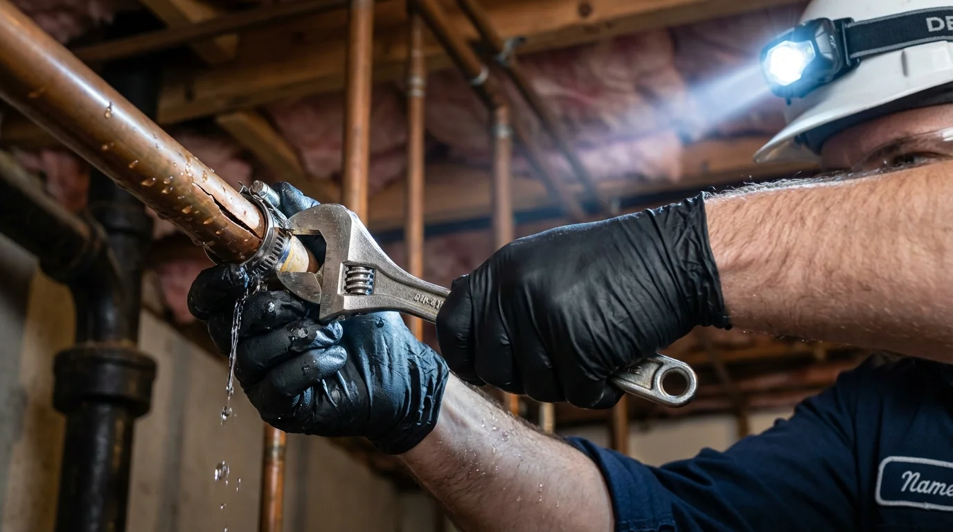 Emergency pipe clamp repair being performed by a Johns Plumbing LLC plumber in Dixmont