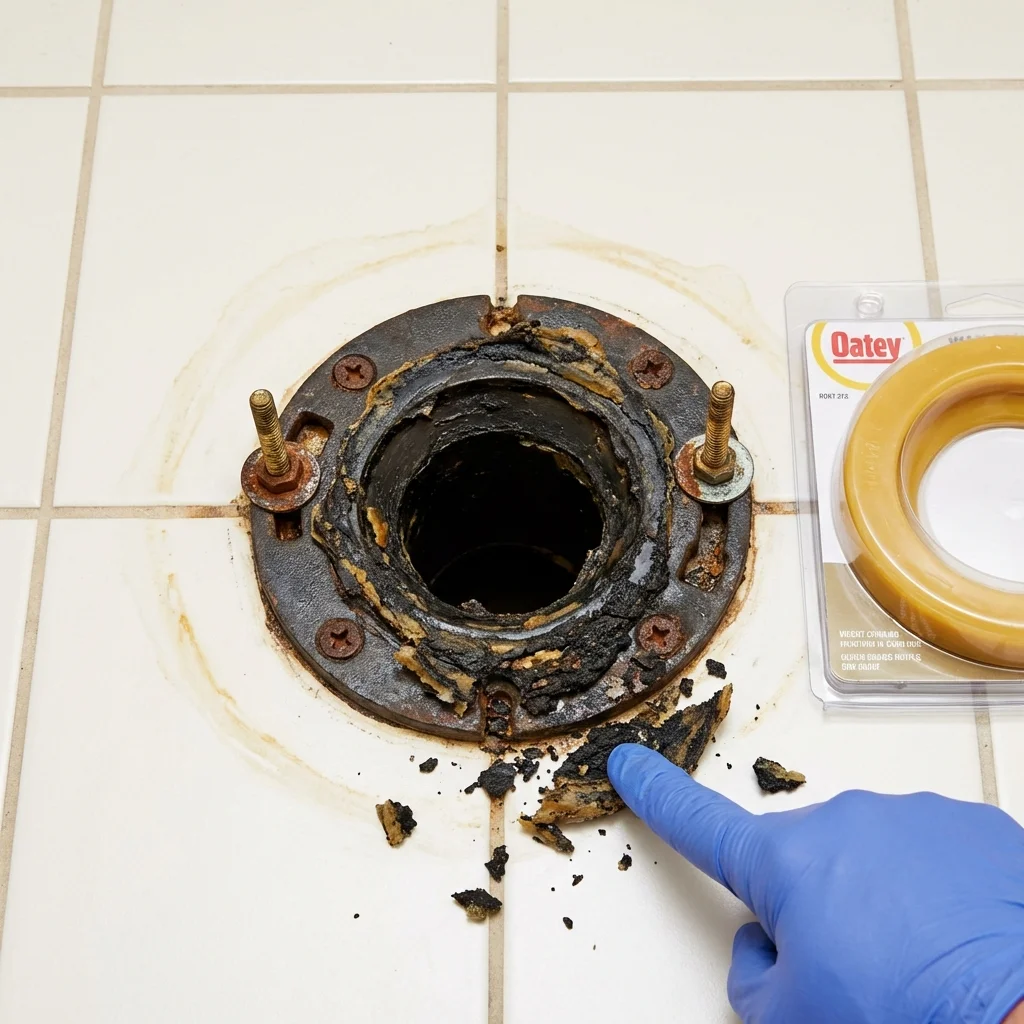 Failed wax ring showing water seepage at the base of a toilet in a Dixmont, ME home
