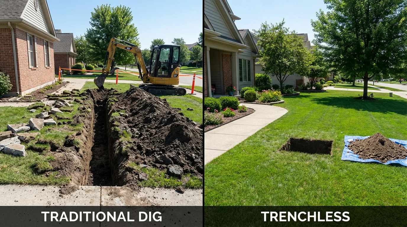 Trenchless sewer repair with minimal yard damage versus traditional excavation in Dixmont, ME