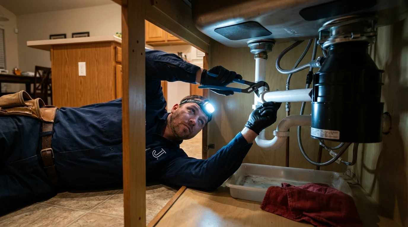 P-trap and supply line connections under a kitchen sink showing a common leak point in Dixmont, ME